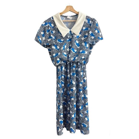 VINTAGE LARGE 90's Blue Abstract Day Dress Midi Peter Pan Collar Short Sleeve - Picture 1 of 8
